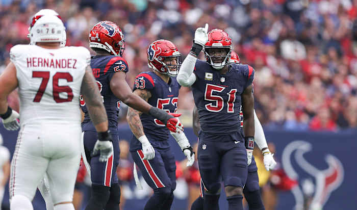 Texans defensive end Will Anderson Jr. reacts after making a tackle during the fourth quarter against the Arizona Cardinals at NRG Stadium.